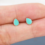 Teal Green Droplet Dot Stud Earrings in Sterling Silver with Hand Painted Enamel, Pastel Stud, Enamel Droplet, Drop Shape