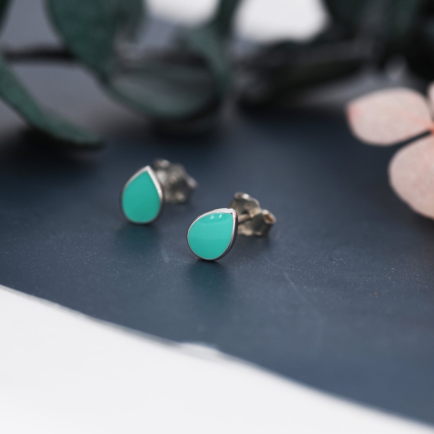 Teal Green Droplet Dot Stud Earrings in Sterling Silver with Hand Painted Enamel, Pastel Stud, Enamel Droplet, Drop Shape