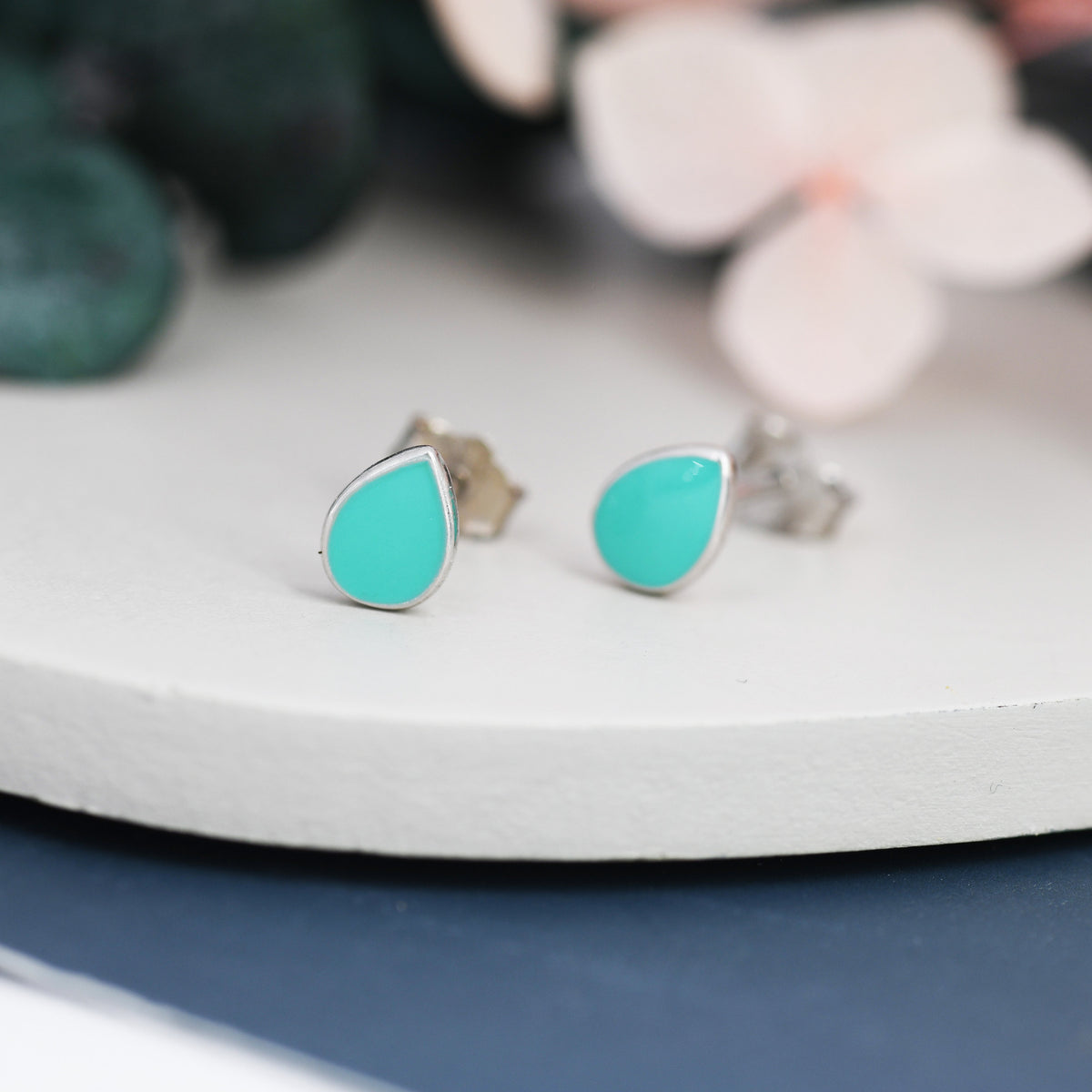 Teal Green Droplet Dot Stud Earrings in Sterling Silver with Hand Painted Enamel, Pastel Stud, Enamel Droplet, Drop Shape