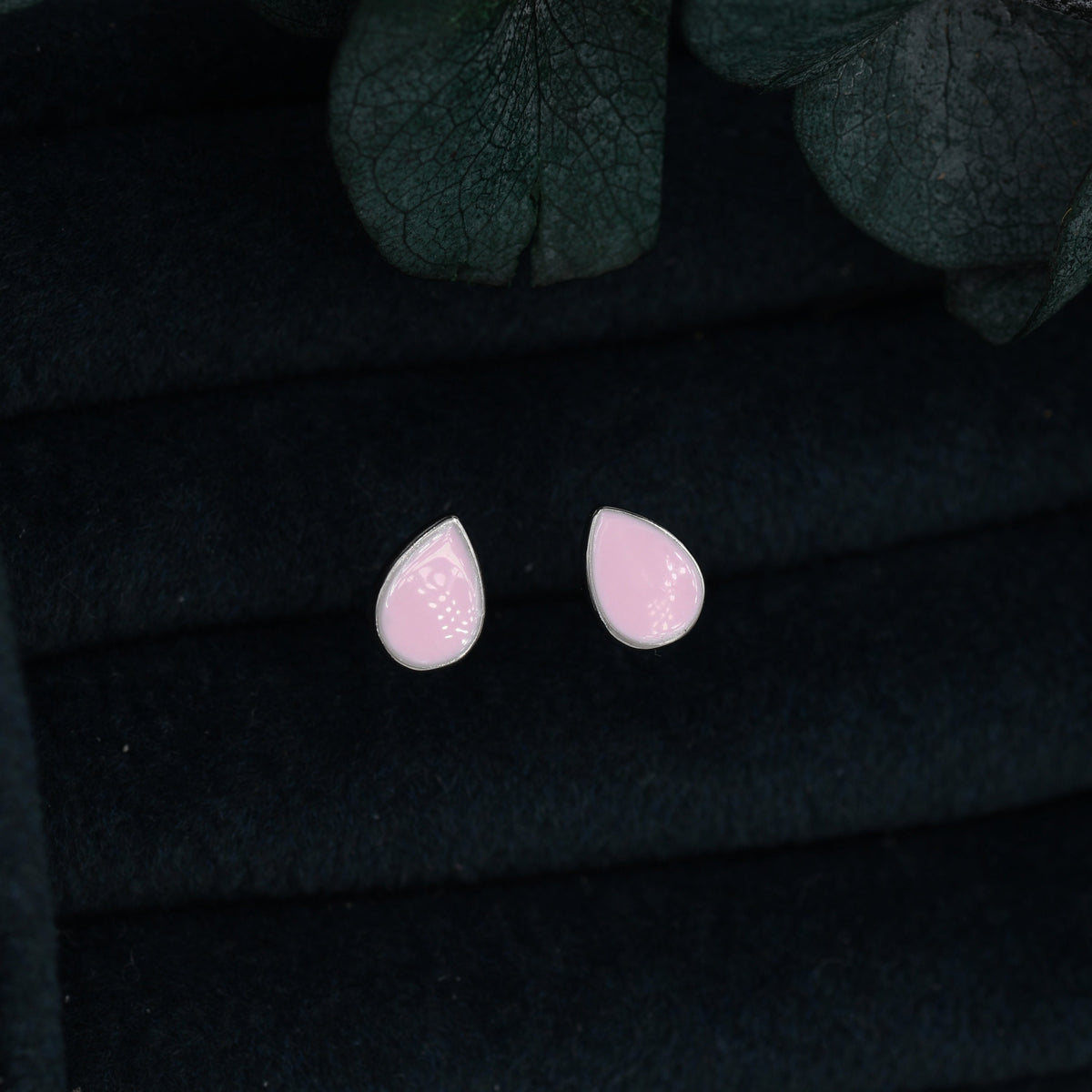 Pink Droplet Dot Stud Earrings in Sterling Silver with Hand Painted Enamel, Pastel Pink Stud, Enamel Droplet, Drop Shape