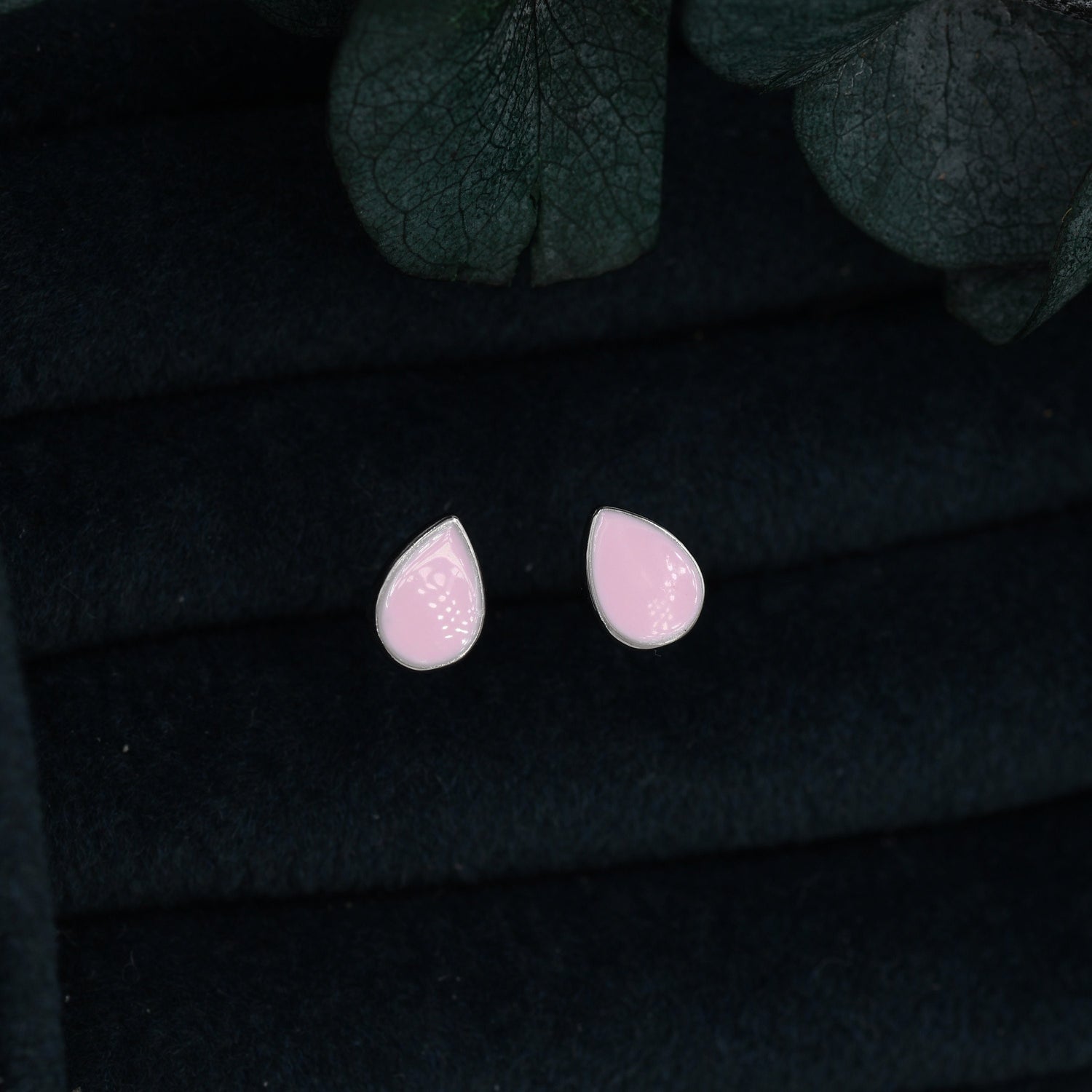 Pink Droplet Dot Stud Earrings in Sterling Silver with Hand Painted Enamel, Pastel Pink Stud, Enamel Droplet, Drop Shape