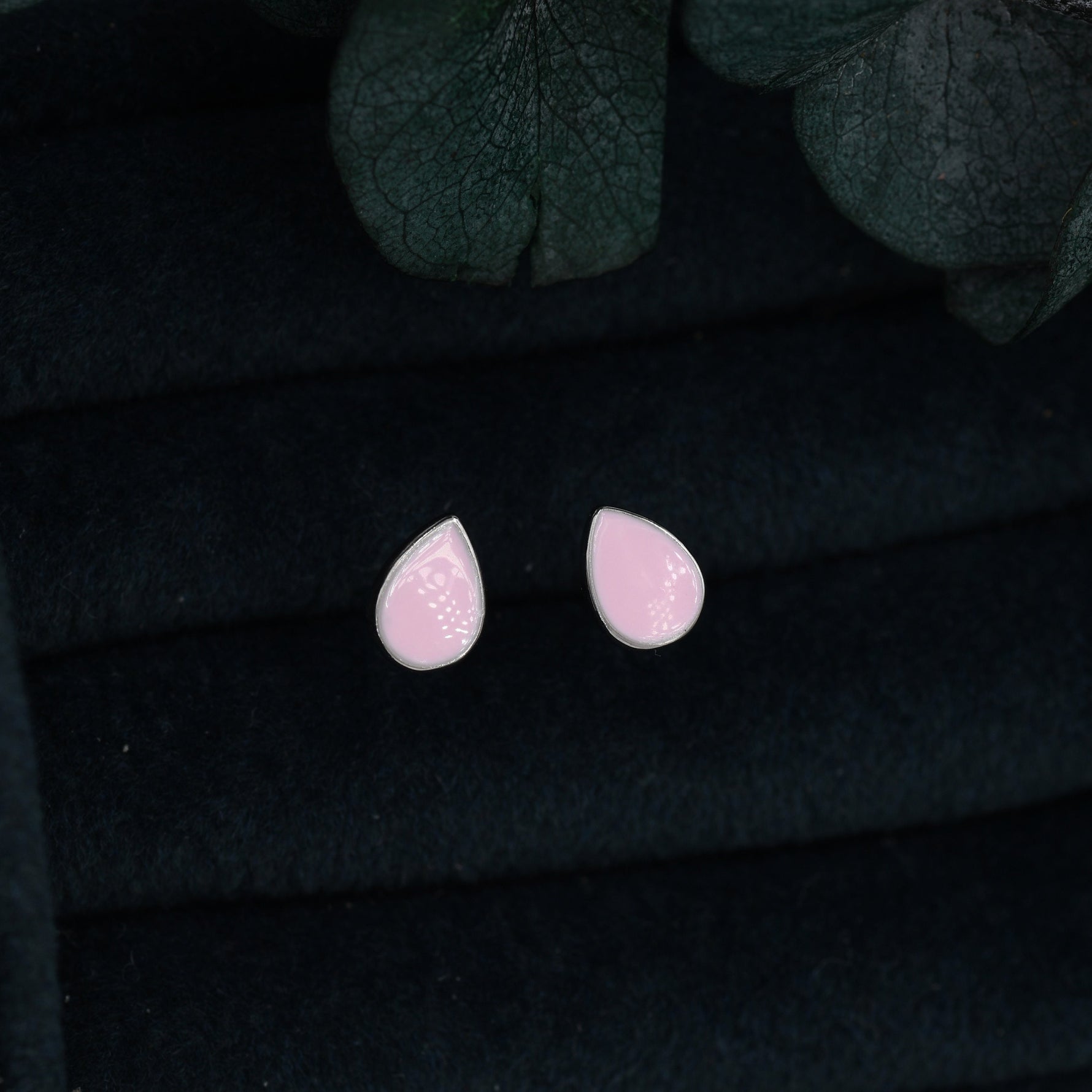 Pink Droplet Dot Stud Earrings in Sterling Silver with Hand Painted Enamel, Pastel Pink Stud, Enamel Droplet, Drop Shape