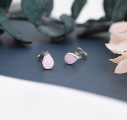 Pink Droplet Dot Stud Earrings in Sterling Silver with Hand Painted Enamel, Pastel Pink Stud,  Enamel Droplet, Drop Shape