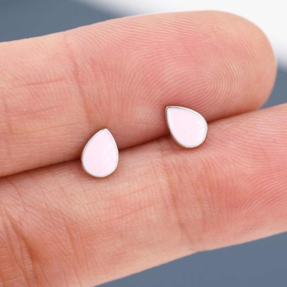 Pink Droplet Dot Stud Earrings in Sterling Silver with Hand Painted Enamel, Pastel Pink Stud, Enamel Droplet, Drop Shape