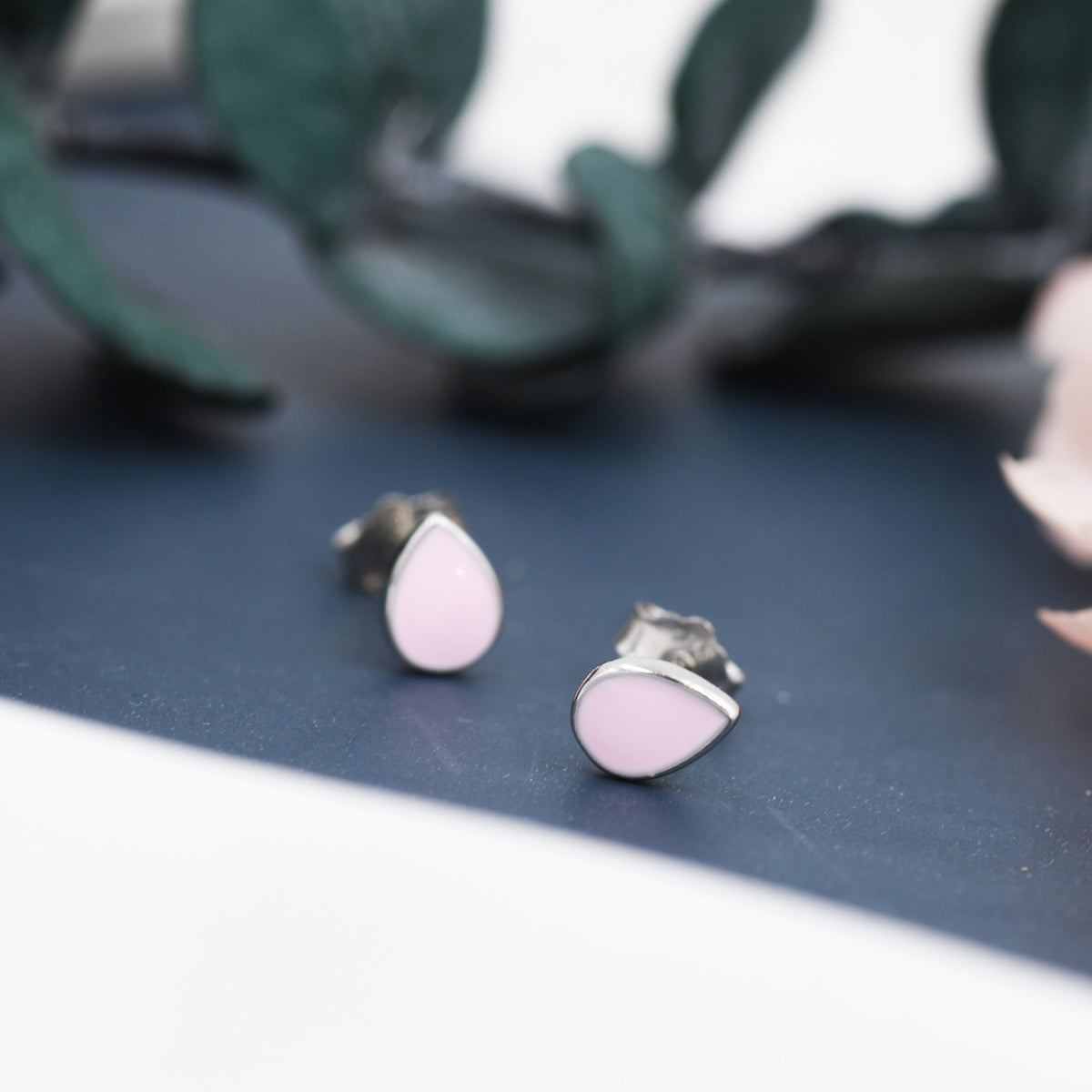 Pink Droplet Dot Stud Earrings in Sterling Silver with Hand Painted Enamel, Pastel Pink Stud, Enamel Droplet, Drop Shape