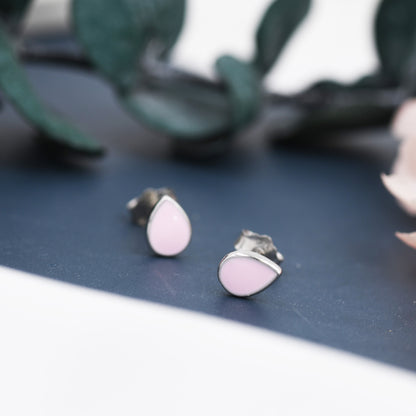 Pink Droplet Dot Stud Earrings in Sterling Silver with Hand Painted Enamel, Pastel Pink Stud,  Enamel Droplet, Drop Shape