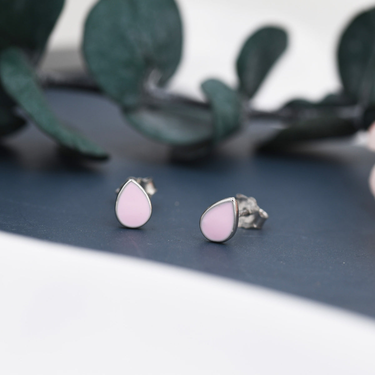 Pink Droplet Dot Stud Earrings in Sterling Silver with Hand Painted Enamel, Pastel Pink Stud, Enamel Droplet, Drop Shape