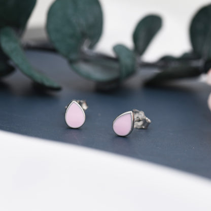 Pink Droplet Dot Stud Earrings in Sterling Silver with Hand Painted Enamel, Pastel Pink Stud,  Enamel Droplet, Drop Shape