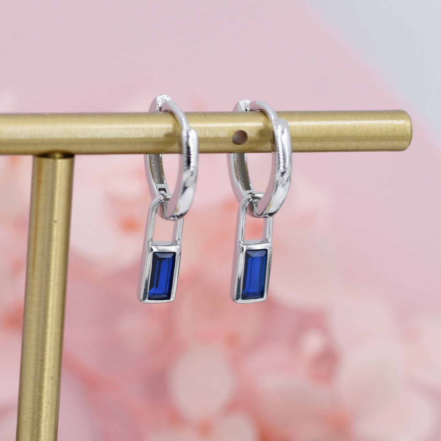 Sapphire Blue Baguette CZ Huggie Hoop in Sterling Silver, Silver or Gold, Minimalist Simple Hoop Earrings, Detachable and Interchangeable