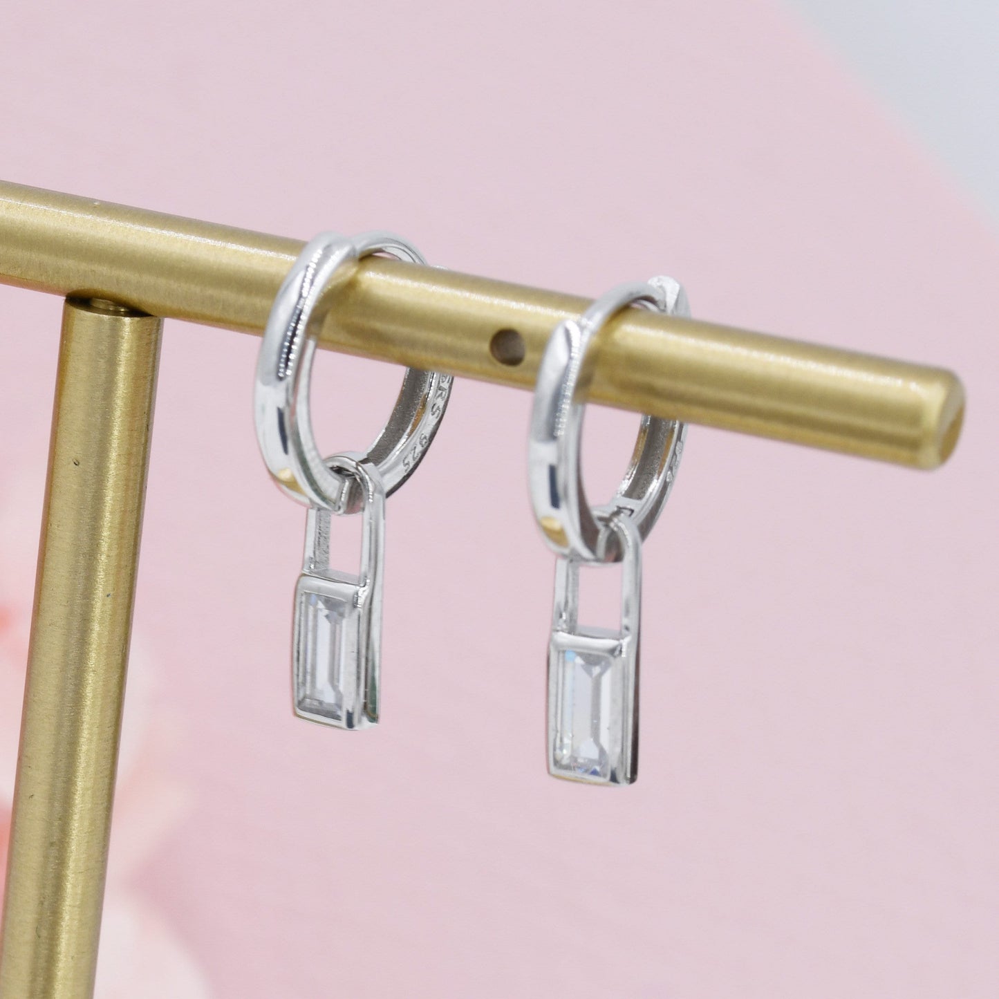 Baguette CZ Huggie Hoop in Sterling Silver, Silver or Gold, Diamond CZ Minimalist Hoop Earrings, Detachable and Interchangeable,