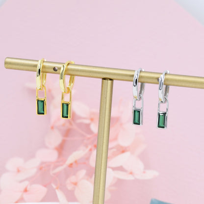 Emerald Green Baguette CZ Huggie Hoop in Sterling Silver, Silver or Gold, CZ Minimalist Hoop Earrings, Detachable and Interchangeable