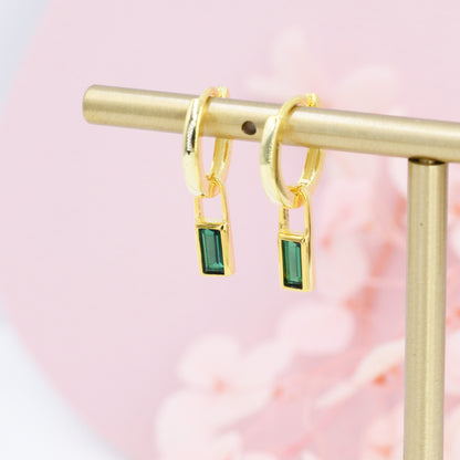 Emerald Green Baguette CZ Huggie Hoop in Sterling Silver, Silver or Gold, CZ Minimalist Hoop Earrings, Detachable and Interchangeable