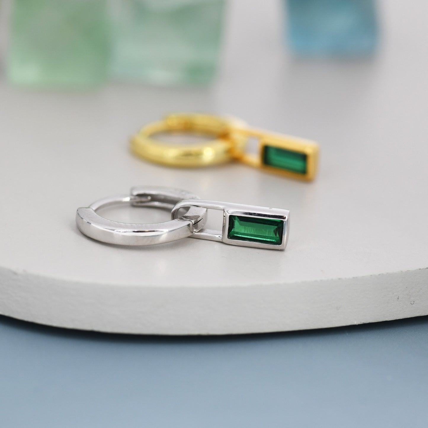 Emerald Green Baguette CZ Huggie Hoop in Sterling Silver, Silver or Gold, CZ Minimalist Hoop Earrings, Detachable and Interchangeable