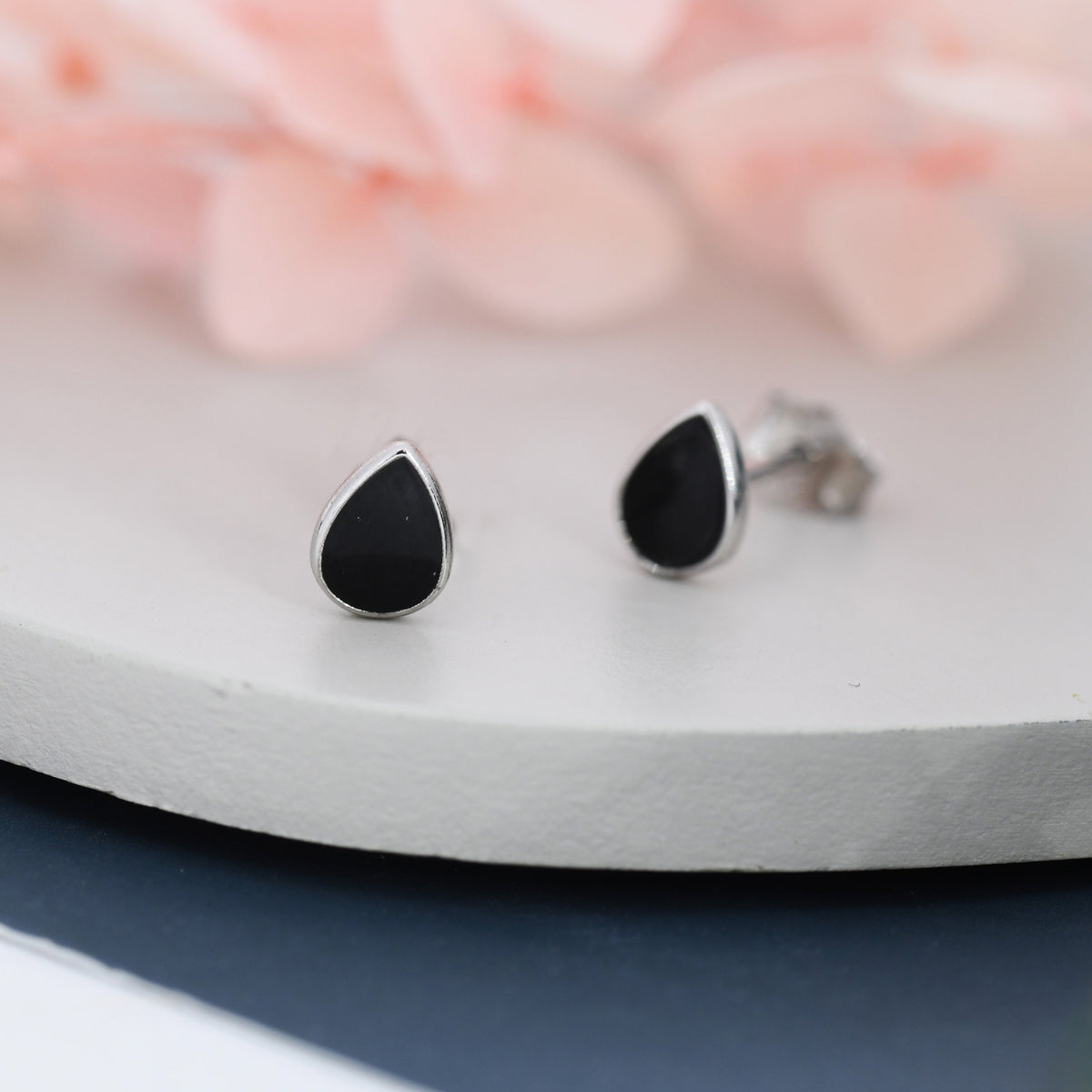 Black Droplet Dot Stud Earrings in Sterling Silver with Hand Painted Enamel, Black Stud, Enamel Droplet, Drop Shape