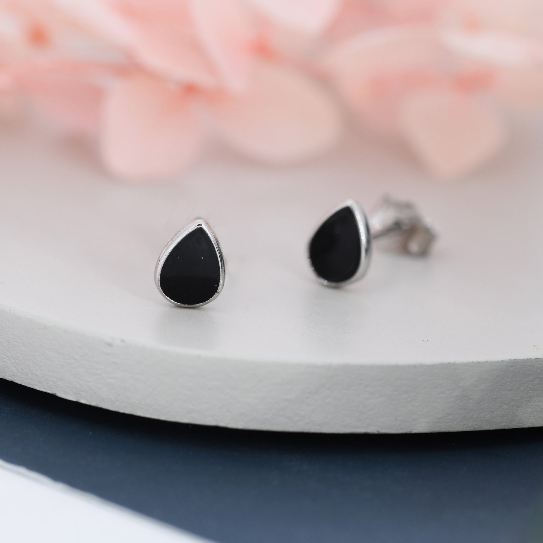 Black Droplet Dot Stud Earrings in Sterling Silver with Hand Painted Enamel, Black Stud, Enamel Droplet, Drop Shape