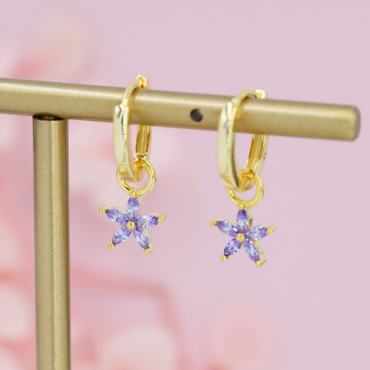 Purple Flower CZ Detachable Hoop Earrings