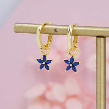 Sapphire Blue Flower CZ Huggie Hoop in Sterling Silver, Silver or Gold, Minimalist Simple Hoop Earrings, Detachable and Interchangeable