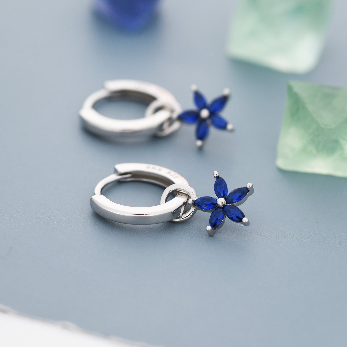 Sapphire Blue Flower CZ Huggie Hoop in Sterling Silver, Silver or Gold, Minimalist Simple Hoop Earrings, Detachable and Interchangeable