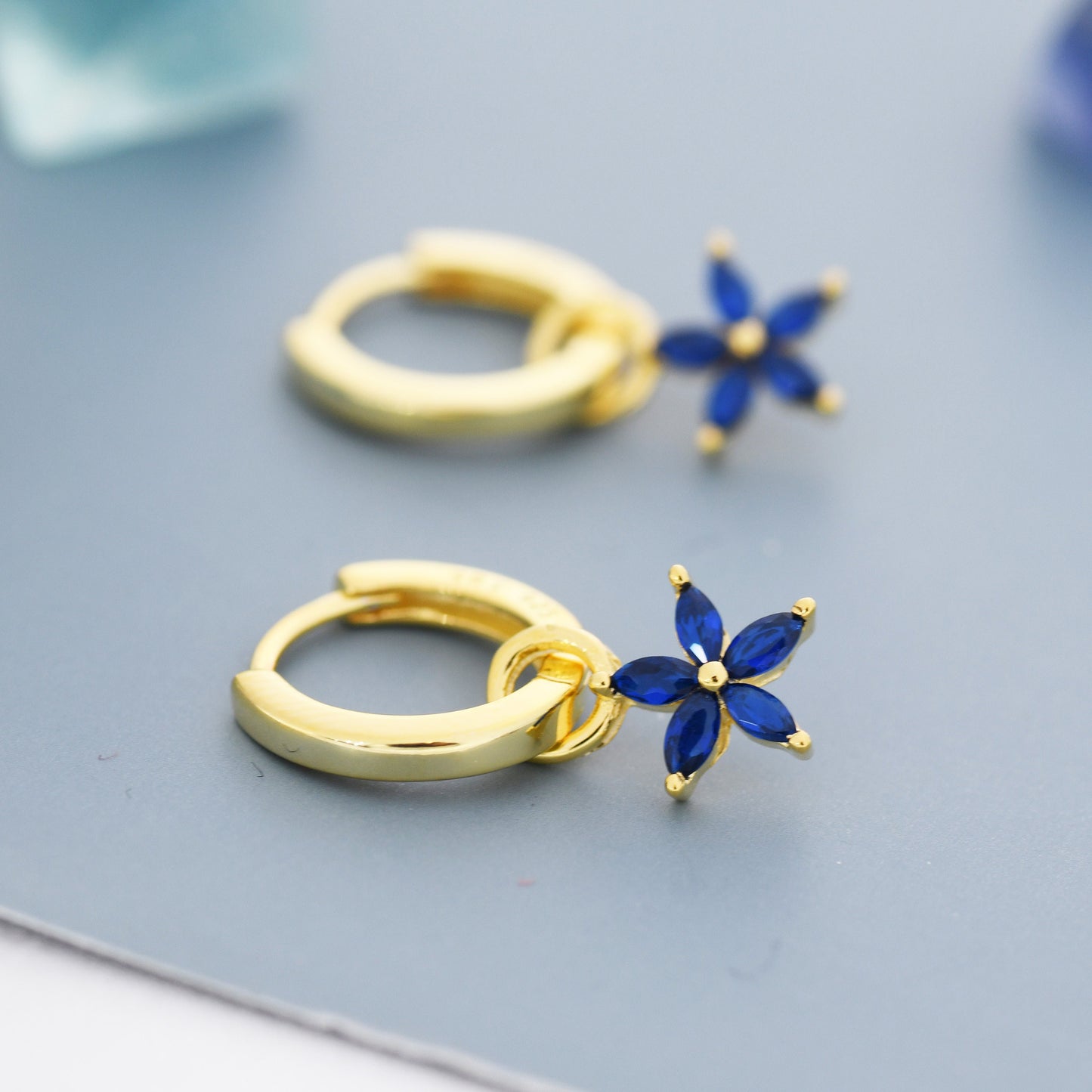 Sapphire Blue Flower CZ Huggie Hoop in Sterling Silver, Silver or Gold, Minimalist Simple Hoop Earrings, Detachable and Interchangeable