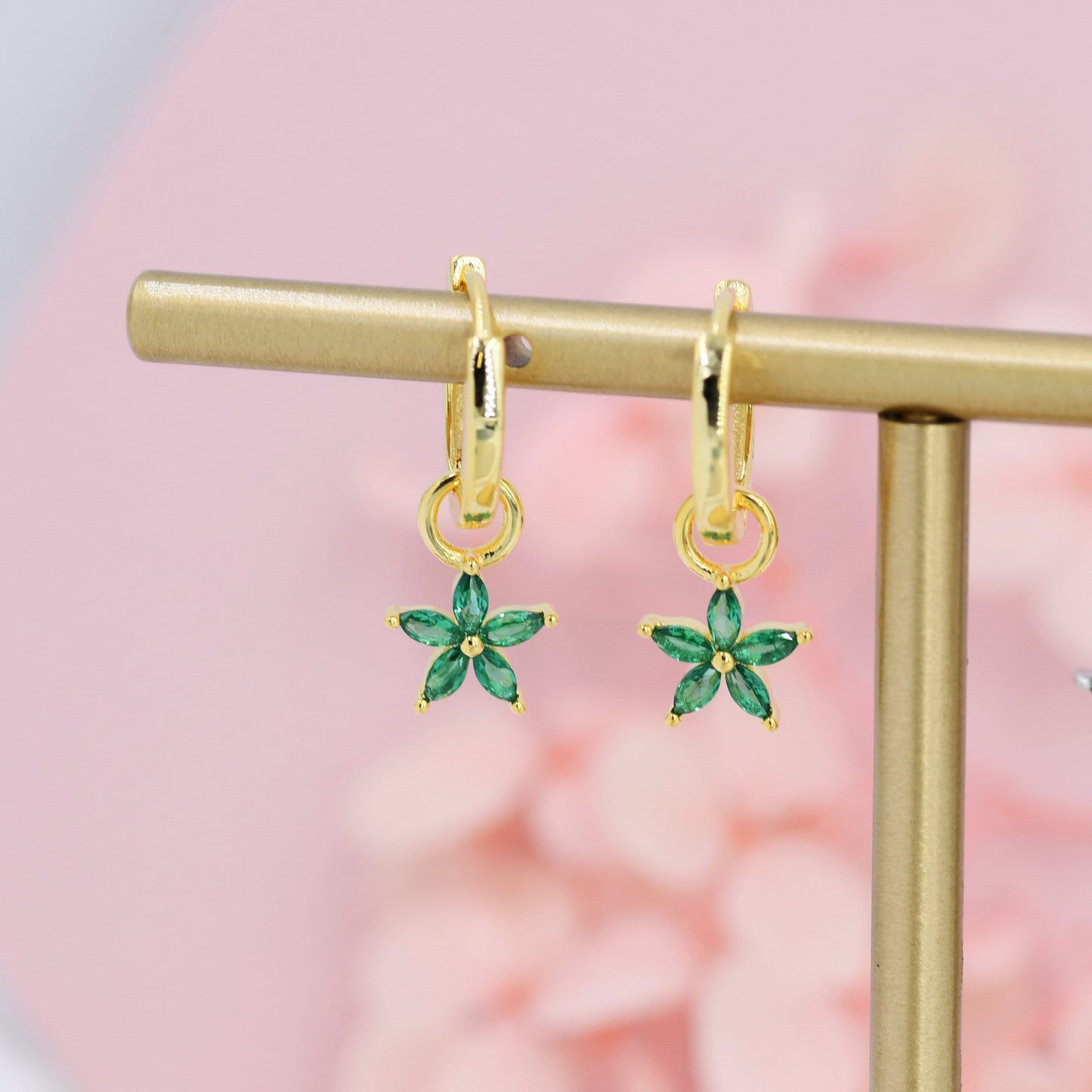 Emerald Green Flower CZ Huggie Hoop in Sterling Silver, Silver or Gold, Minimalist Simple Hoop Earrings, Detachable and Interchangeable