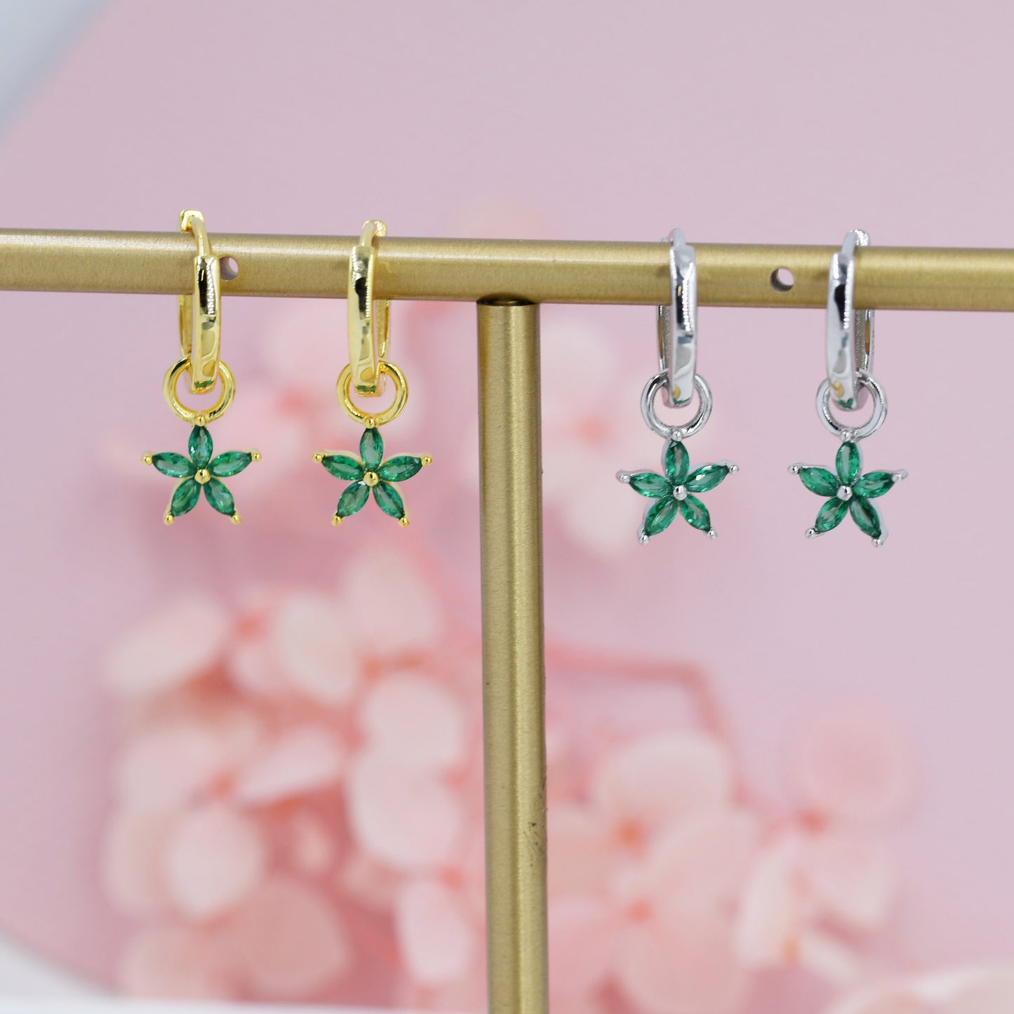 Emerald Green Flower CZ Huggie Hoop in Sterling Silver, Silver or Gold, Minimalist Simple Hoop Earrings, Detachable and Interchangeable