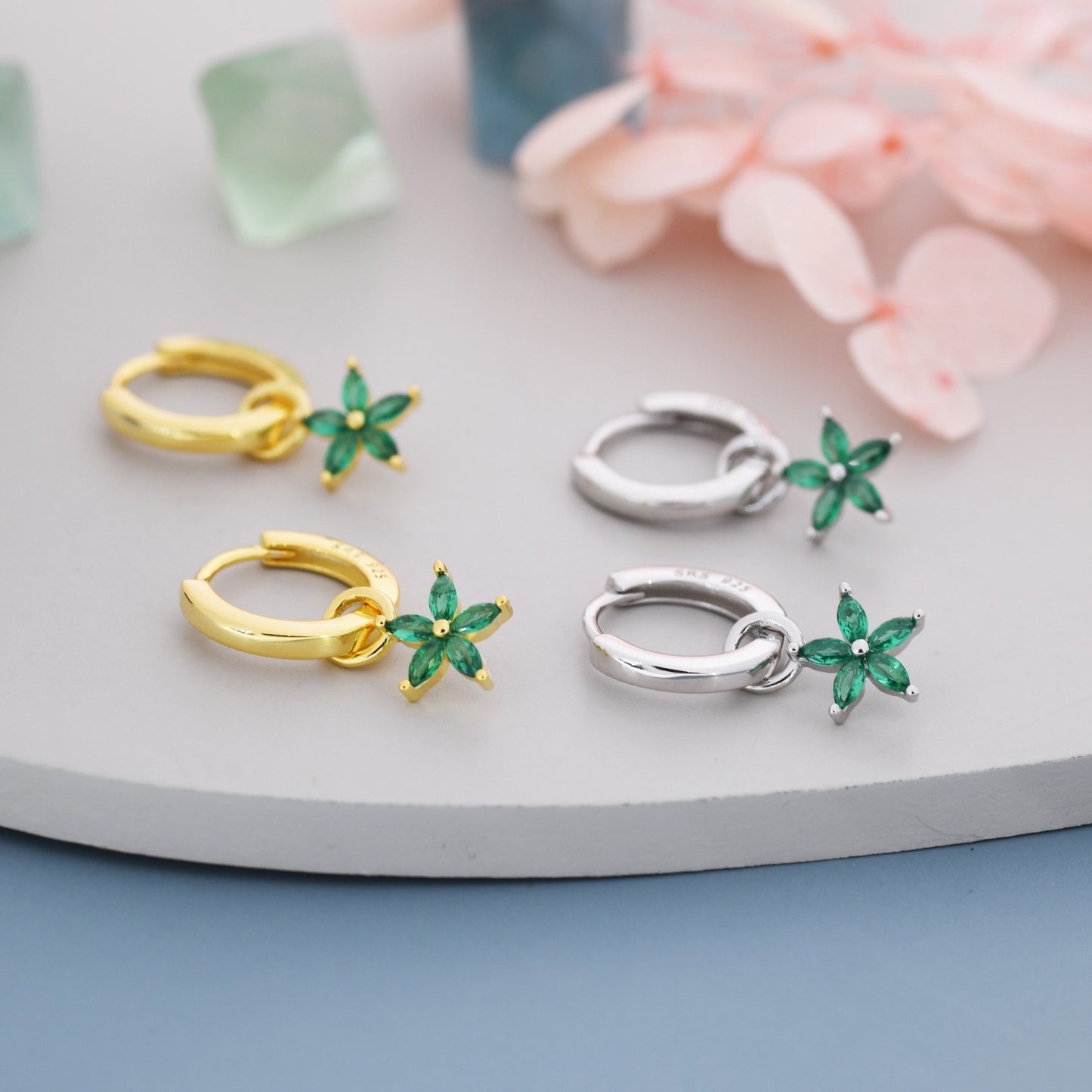 Emerald Green Flower CZ Huggie Hoop in Sterling Silver, Silver or Gold, Minimalist Simple Hoop Earrings, Detachable and Interchangeable