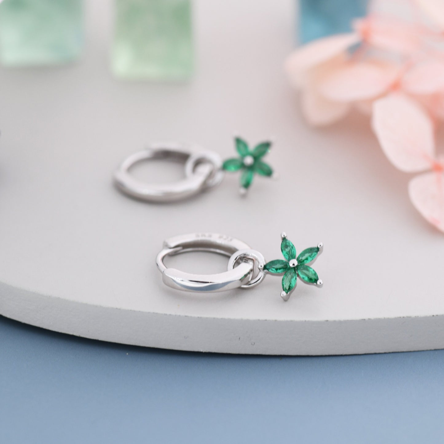 Emerald Green Flower CZ Huggie Hoop in Sterling Silver, Silver or Gold, Minimalist Simple Hoop Earrings, Detachable and Interchangeable