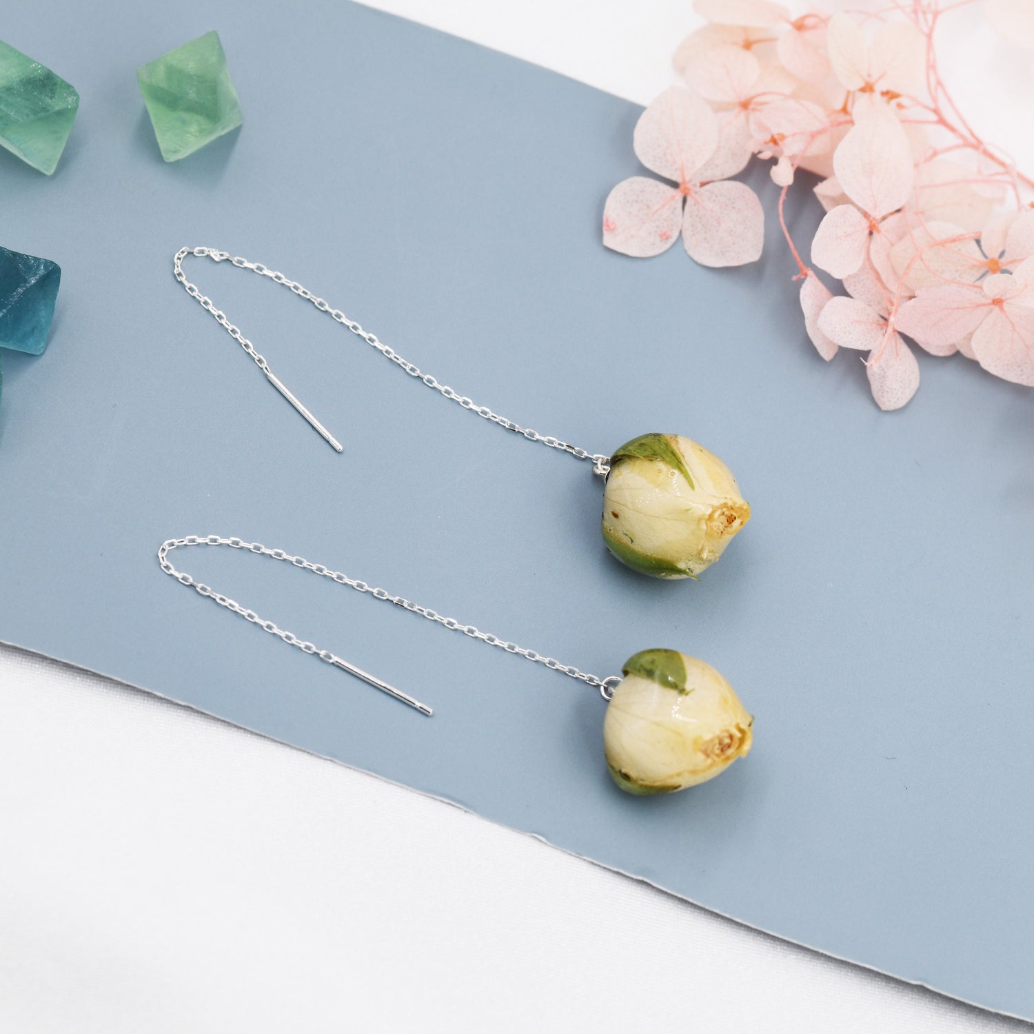 Real Rose Flower Threader Earrings in Sterling Silver, Real Flower Ear Threaders, Resin Flower Jewellery - White Rose