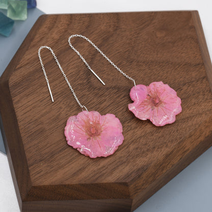 Real Cherry Blossom Flower Threader Earrings in Sterling Silver, Real Flower Ear Threaders, Resin Flower Jewellery  - Pink Sakura