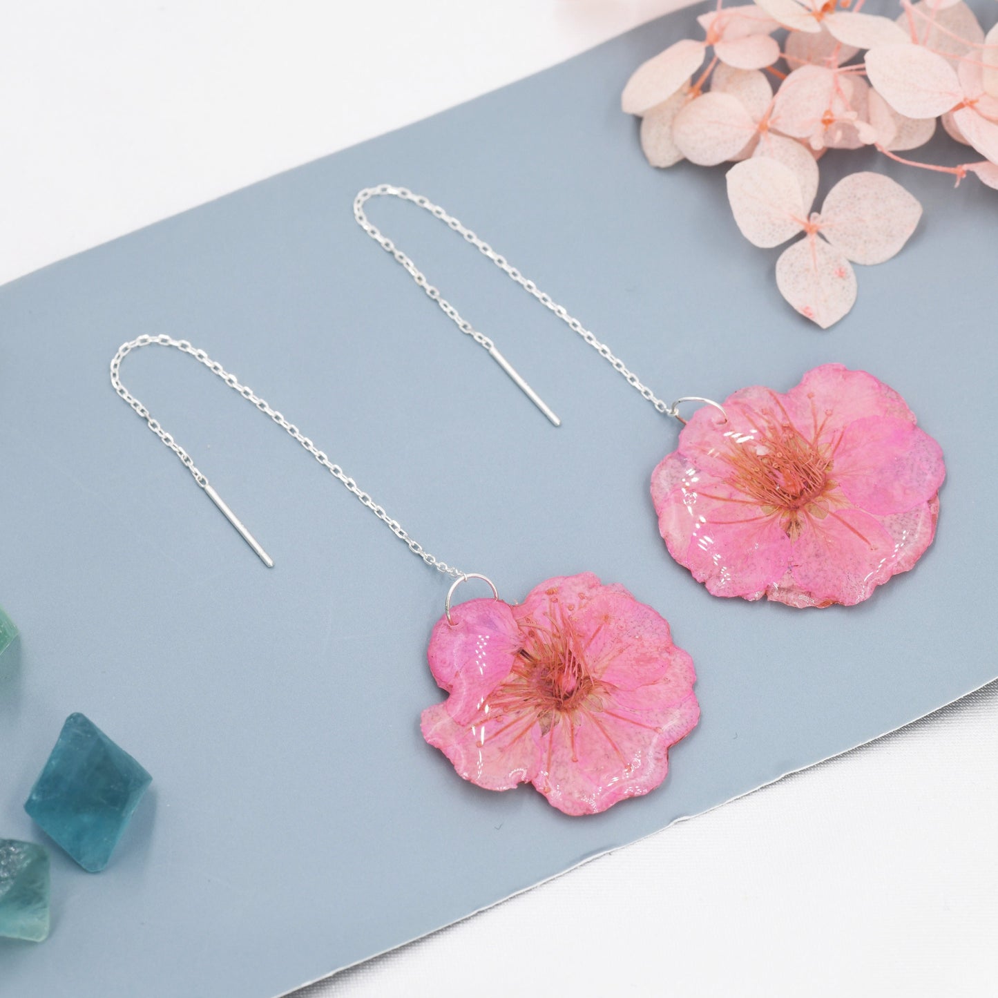 Real Cherry Blossom Flower Threader Earrings in Sterling Silver, Real Flower Ear Threaders, Resin Flower Jewellery  - Pink Sakura