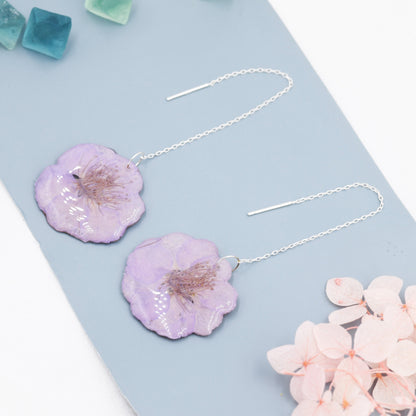 Real Cherry Blossom Flower Threader Earrings in Sterling Silver, Real Flower Ear Threaders, Resin Flower Jewellery  - Purple Sakura