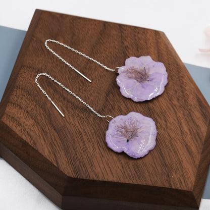 Real Cherry Blossom Flower Threader Earrings in Sterling Silver, Real Flower Ear Threaders, Resin Flower Jewellery  - Purple Sakura