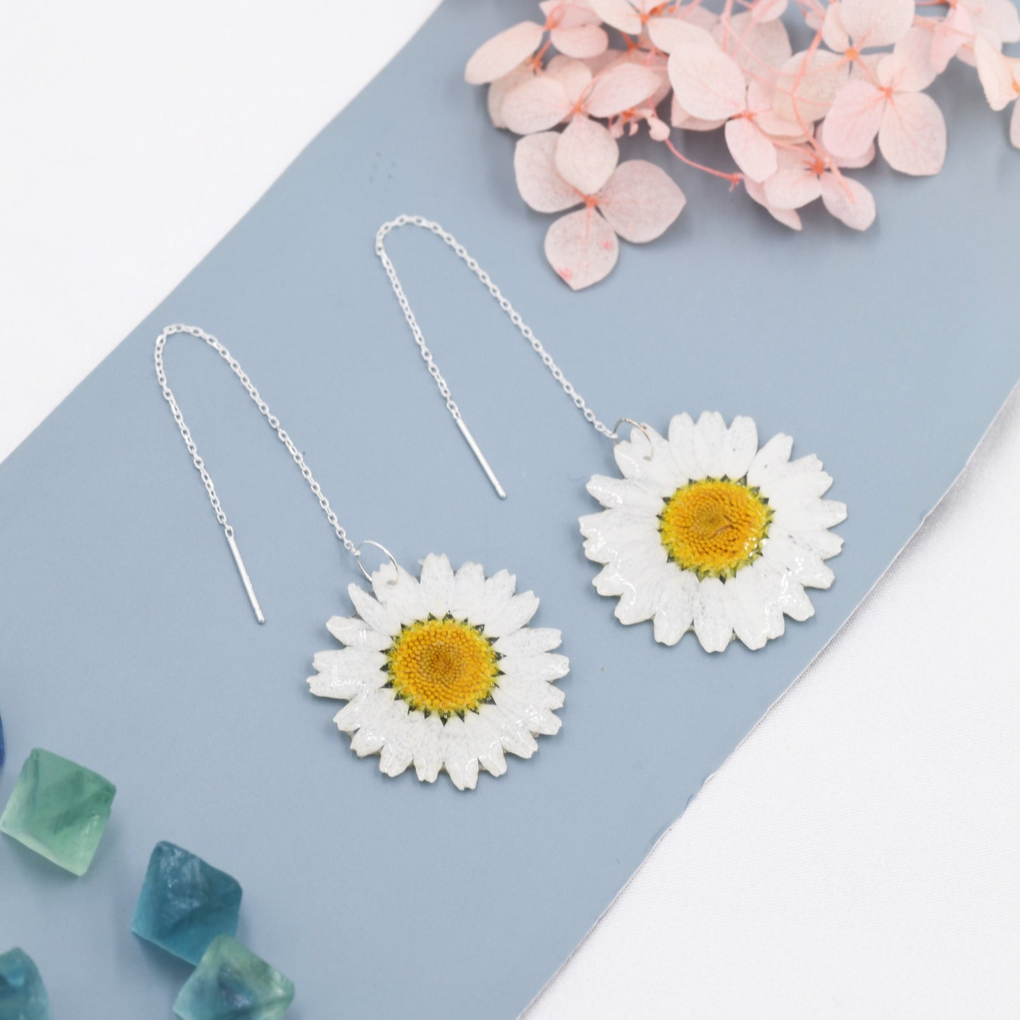 Real Daisy Flower Threader Earrings in Sterling Silver, Real Flower Ear Threaders, Resin Flower Jewellery