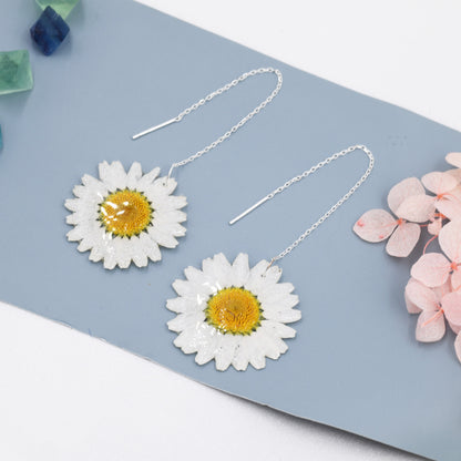 Real Daisy Flower Threader Earrings in Sterling Silver, Real Flower Ear Threaders, Resin Flower Jewellery