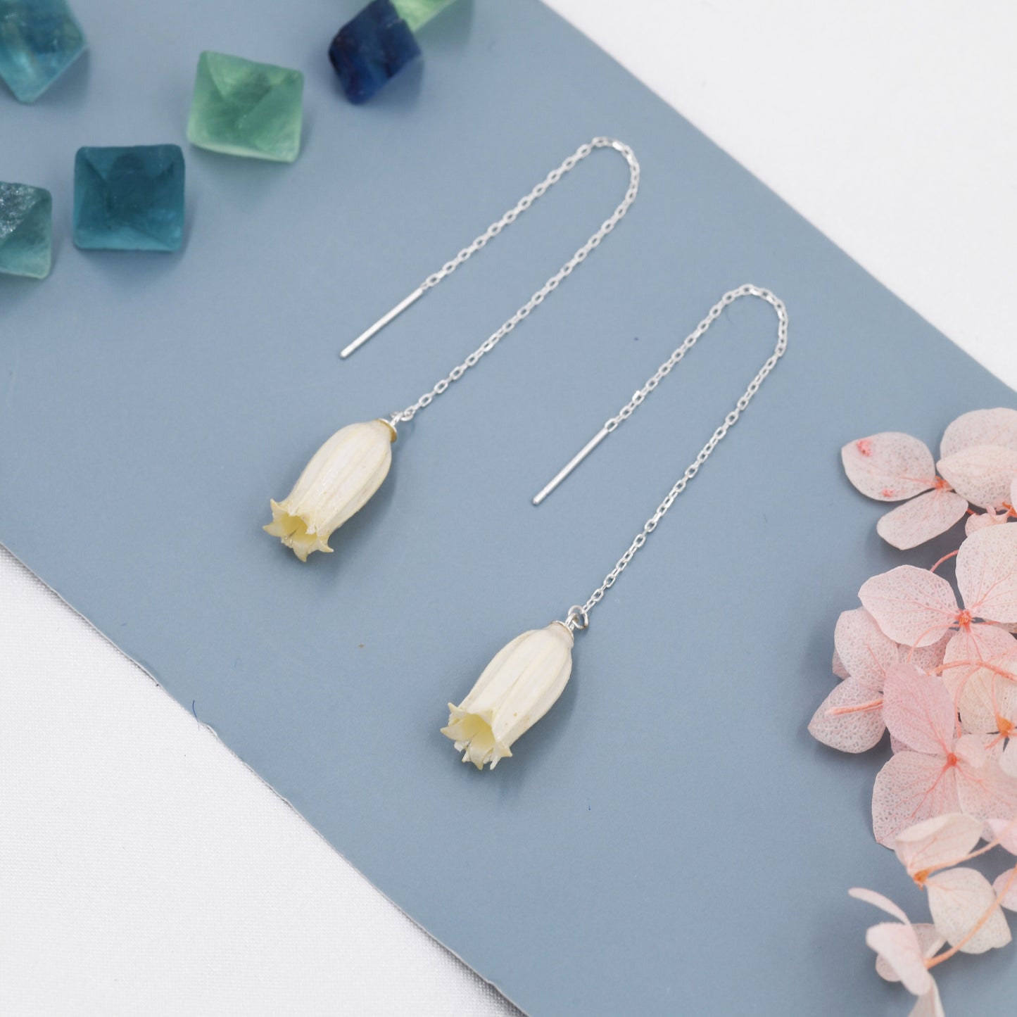 Real Bellflowers Flower Threader Earrings in Sterling Silver, Real Flower Ear Threaders, Resin Flower Jewellery - White