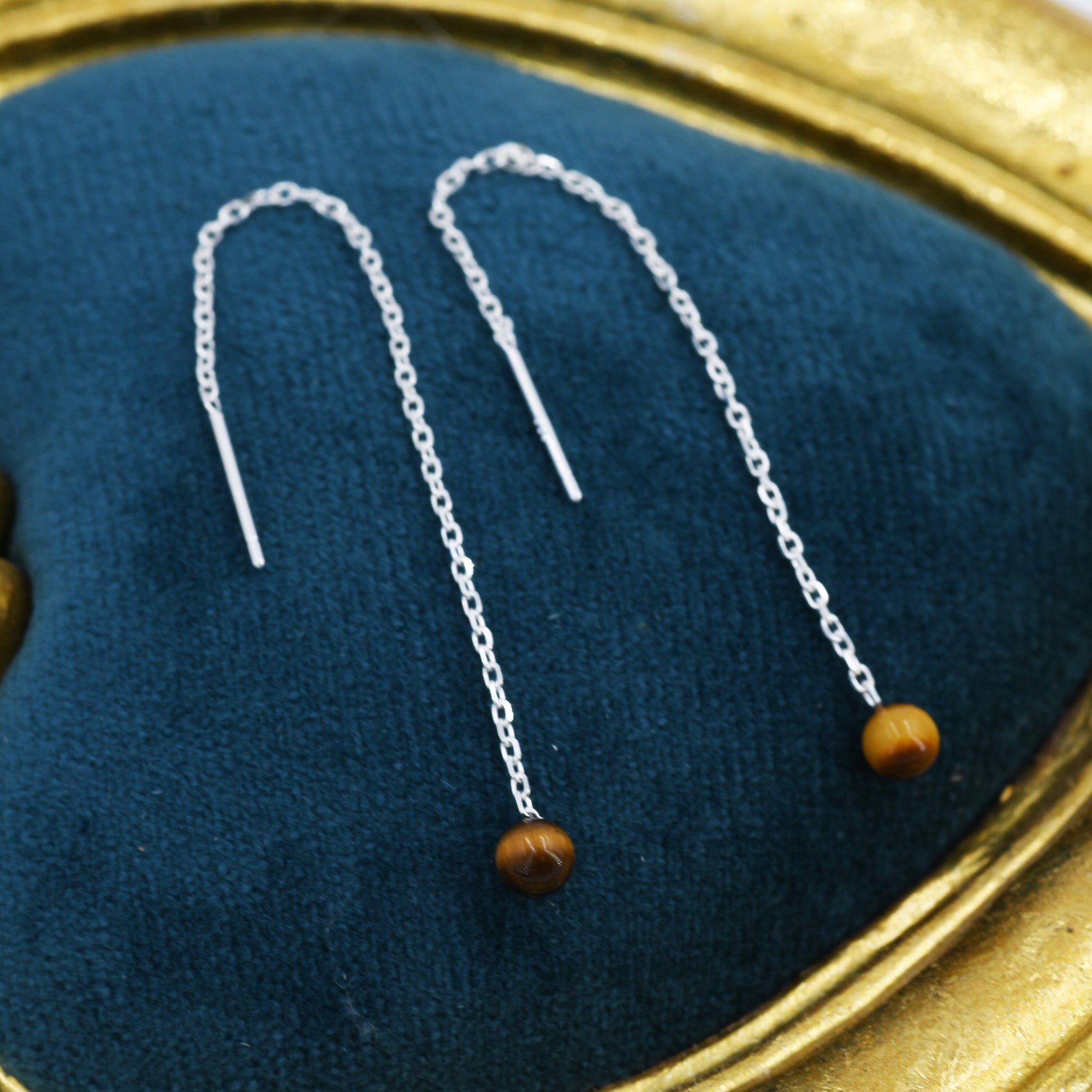 Genuine Tiger's Eye Gemstone Threader Earrings in Sterling Silver, 8cm Ear Threaders, Natural Semi Precious Gemstone Ear Threaders