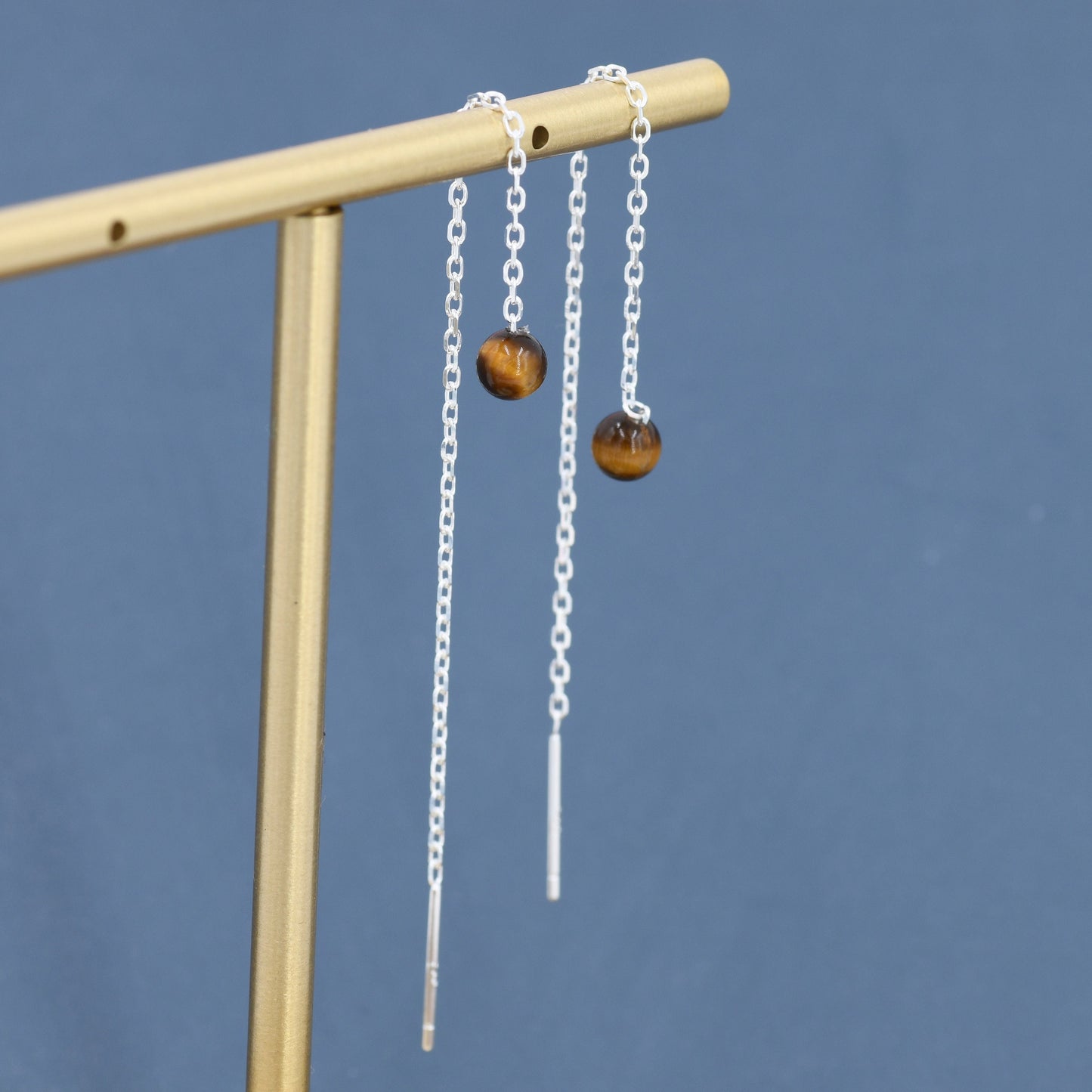 Genuine Tiger's Eye Gemstone Threader Earrings in Sterling Silver, 8cm Ear Threaders, Natural Semi Precious Gemstone Ear Threaders