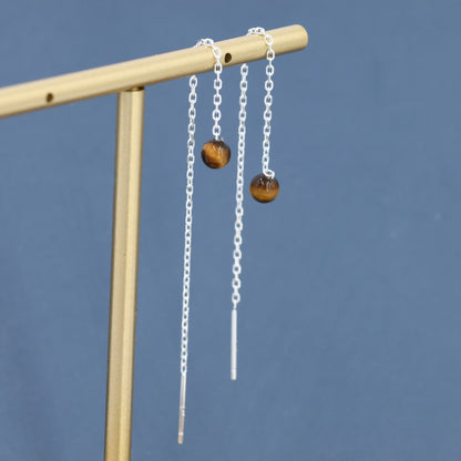 Genuine Tiger's Eye Gemstone Threader Earrings in Sterling Silver, 8cm Ear Threaders, Natural Semi Precious Gemstone Ear Threaders
