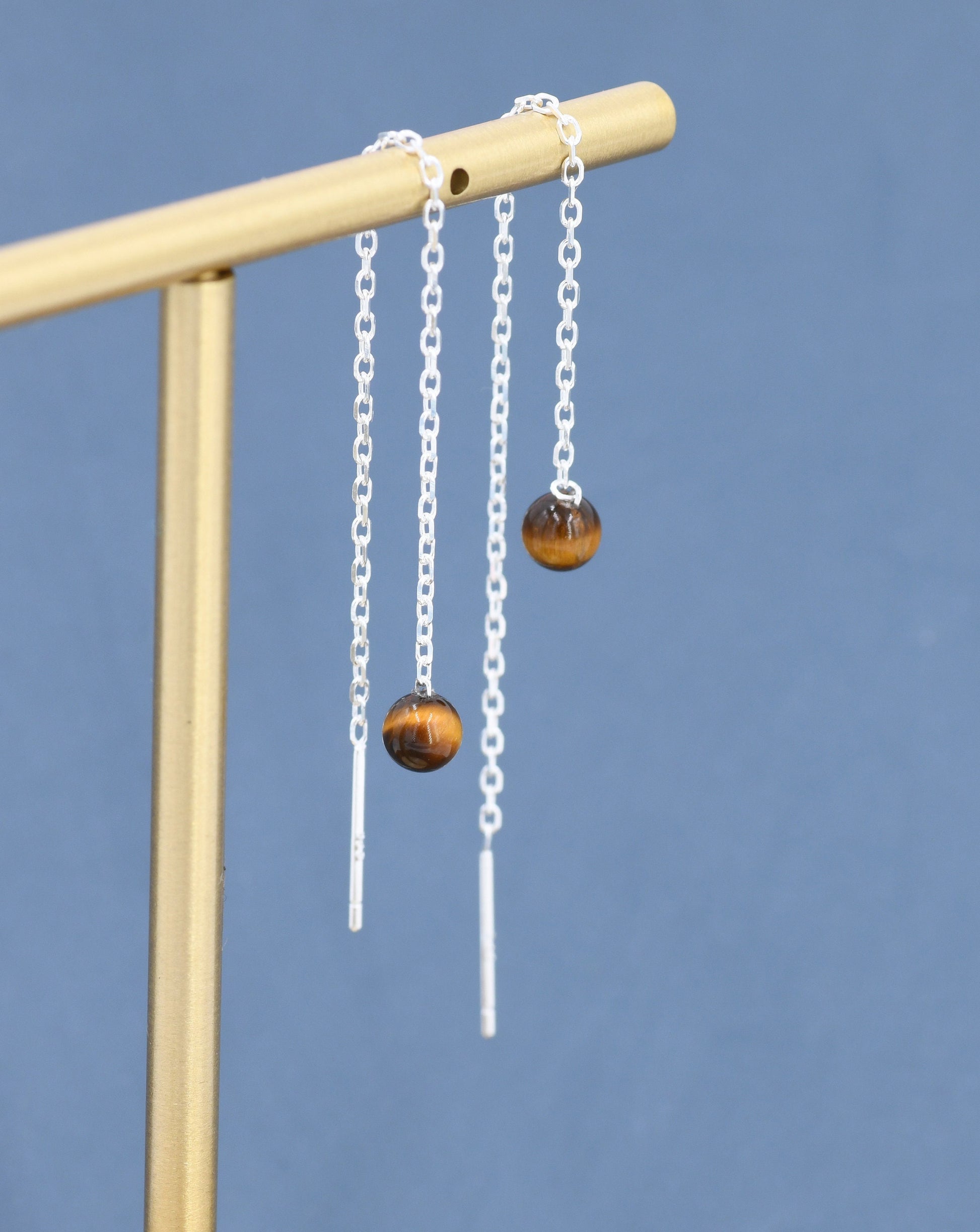 Genuine Tiger's Eye Gemstone Threader Earrings in Sterling Silver, 8cm Ear Threaders, Natural Semi Precious Gemstone Ear Threaders