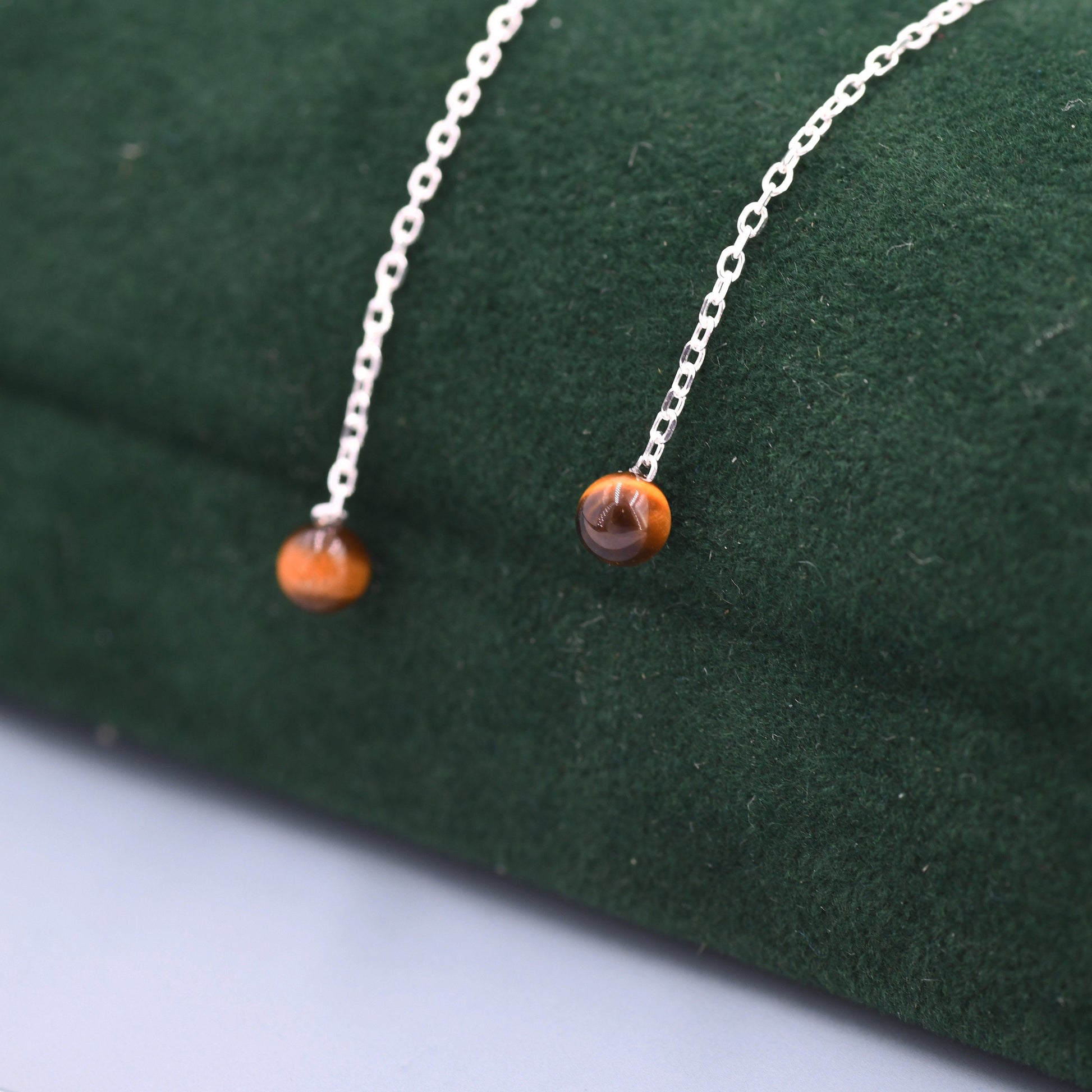 Genuine Tiger's Eye Gemstone Threader Earrings in Sterling Silver, 8cm Ear Threaders, Natural Semi Precious Gemstone Ear Threaders