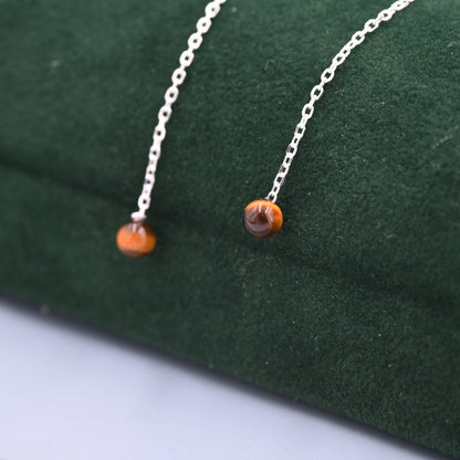 Genuine Tiger's Eye Gemstone Threader Earrings in Sterling Silver, 8cm Ear Threaders, Natural Semi Precious Gemstone Ear Threaders