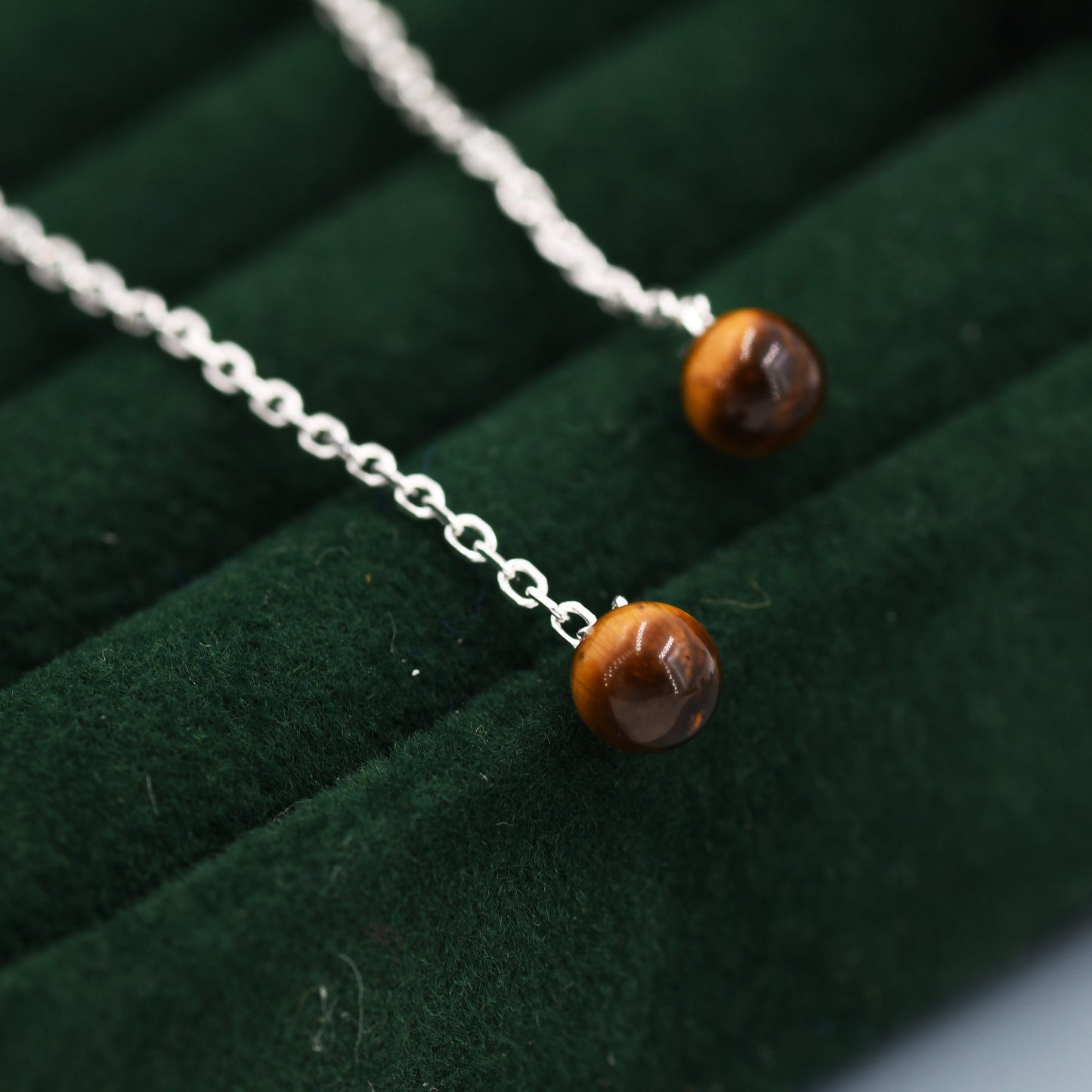 Genuine Tiger's Eye Gemstone Threader Earrings in Sterling Silver, 8cm Ear Threaders, Natural Semi Precious Gemstone Ear Threaders