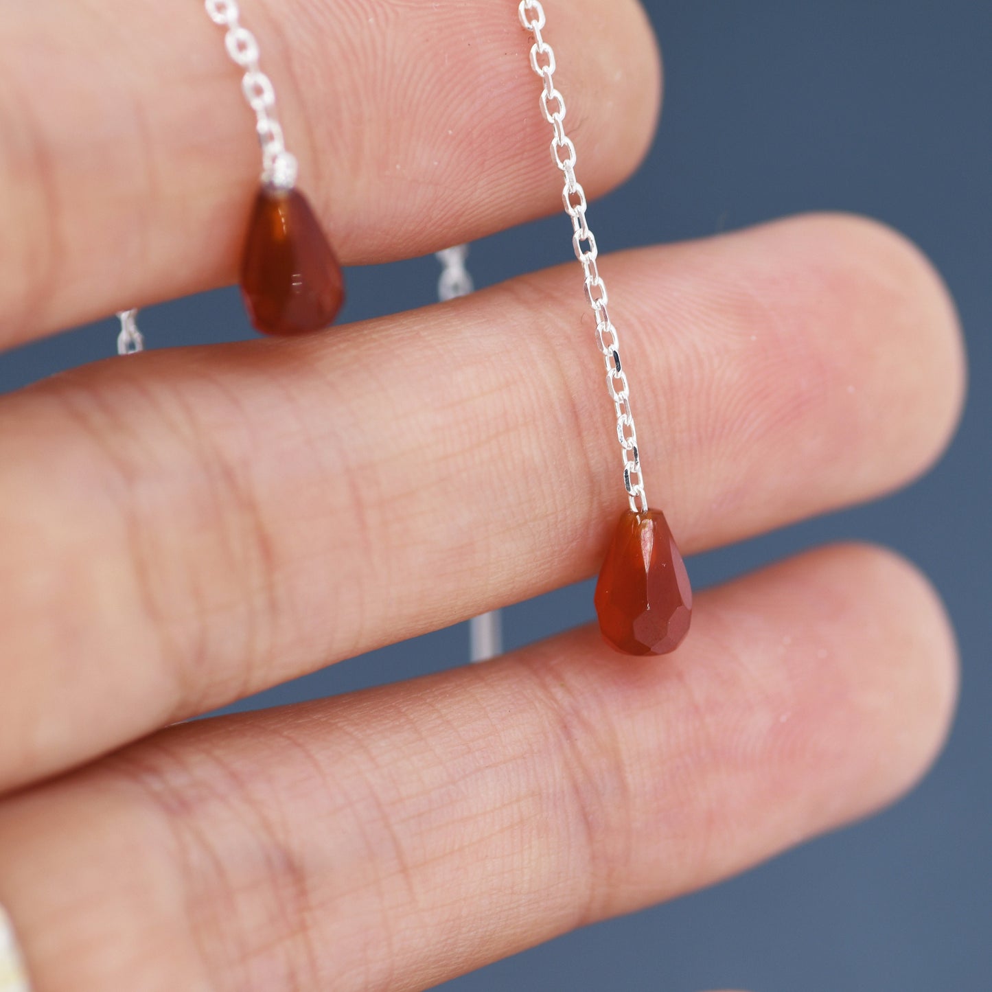 Genuine Carnelian Threader Earrings in Sterling Silver, 8cm Ear Threaders, Faceted Droplet, Natural Semi Precious Gemstone Ear Threaders