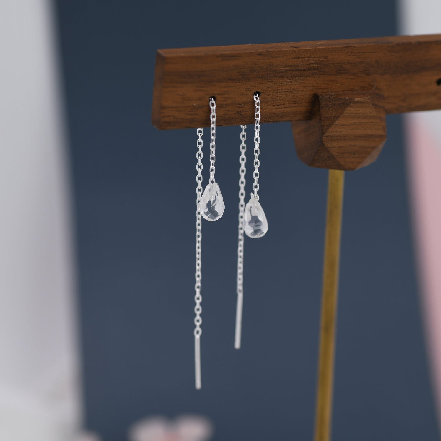 Genuine Clear Quartz Crystal Threader Earrings in Sterling Silver, 8cm Ear Threaders, Faceted Droplet, Natural Gemstone Ear Threaders