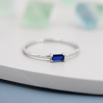 Sapphire Blue Baguette CZ Ring in Sterling Silver, Silver or Gold, Minimalist Single Baguette CZ Ring US 5 - 8