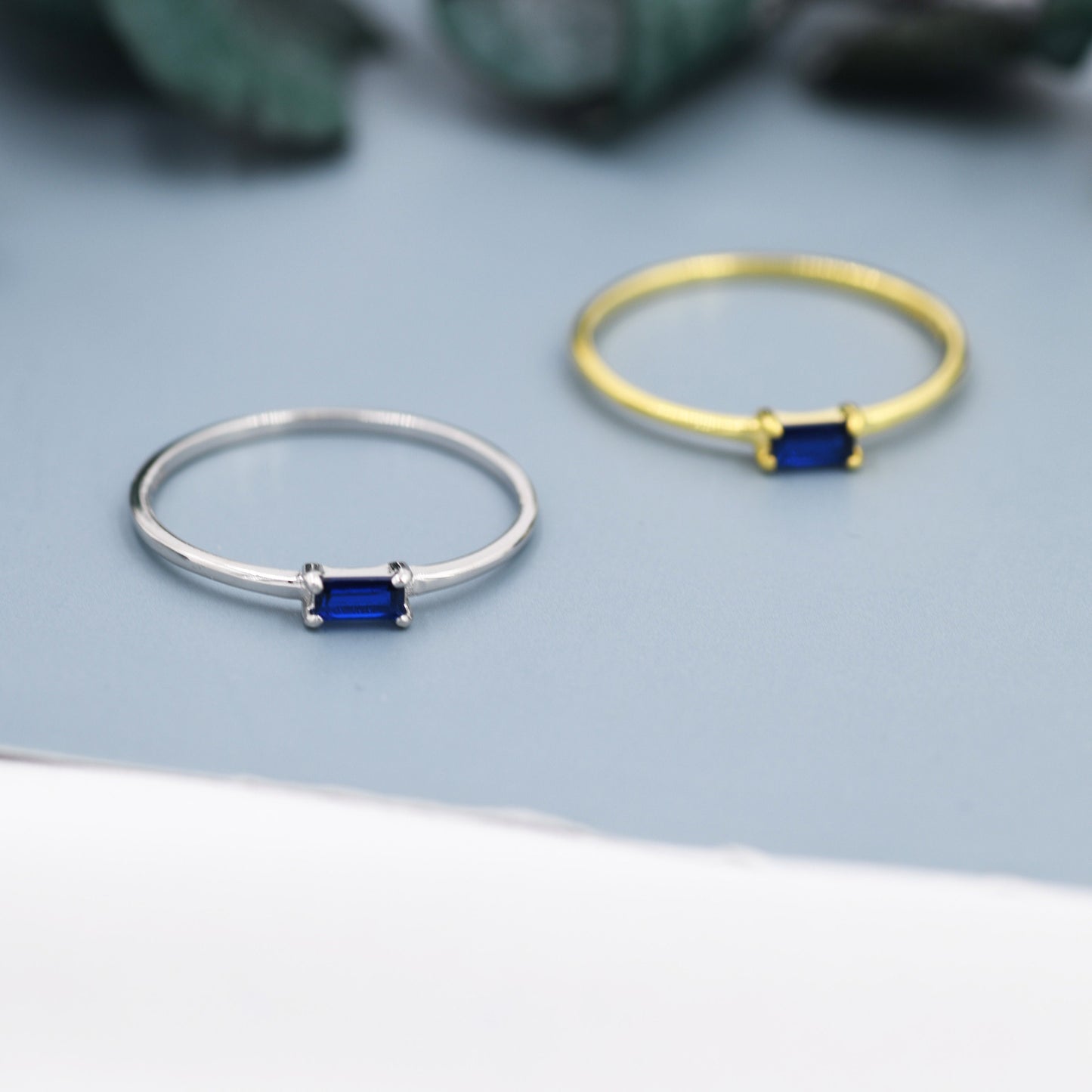 Sapphire Blue Baguette CZ Ring in Sterling Silver, Silver or Gold, Minimalist Single Baguette CZ Ring US 5 - 8