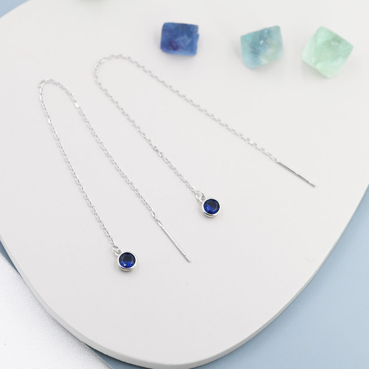 Sapphire Blue CZ Dot Threader Earrings in Sterling Silver, Silver or Gold, Minimalist Double Piercing Ear Threaders, September Birthstone