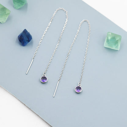 Amethyst Purple CZ Dot Threader Earrings in Sterling Silver, Silver or Gold, Minimalist Double Piercing Ear Threaders, February Birthstone