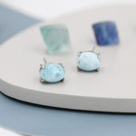 Genuine Larimar Stone Oval Stud Earrings in Sterling Silver, Blue Larimar Stud, Natural Semi-Precious Gemstones, Minimalist Earrings