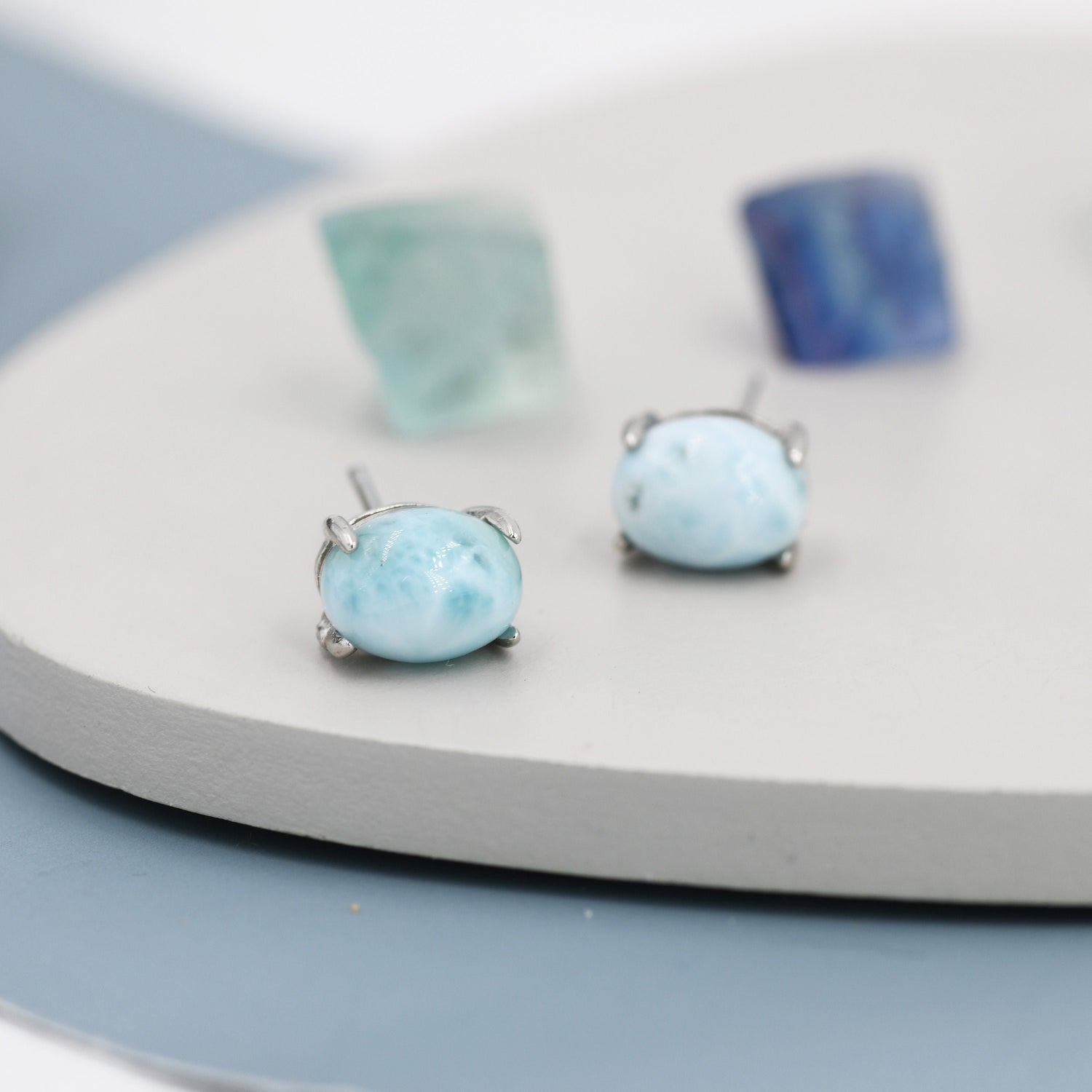 Genuine Larimar Stone Oval Stud Earrings in Sterling Silver, Blue Larimar Stud, Natural Semi-Precious Gemstones, Minimalist Earrings